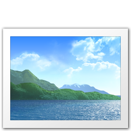 Иконка из Windows7: пейзаж, на переднем плане море, на заднем - горы и небо